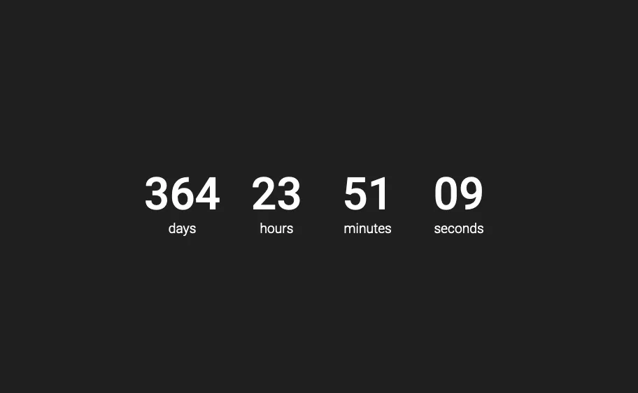 Test of countdown timer with leading zeros. 364 days, 23 hours, 51 minutes and 09 seconds.
