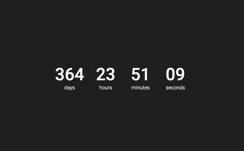 Test of countdown timer with leading zeros. 364 days, 23 hours, 51 minutes and 09 seconds.